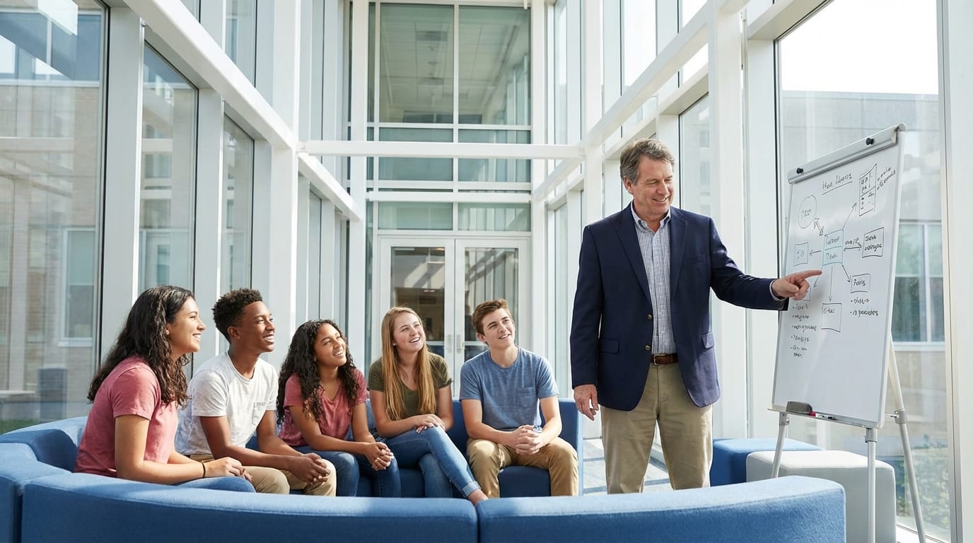 Group learning session with a business leader at a whiteboard, available at Ceek Next Innovations.
